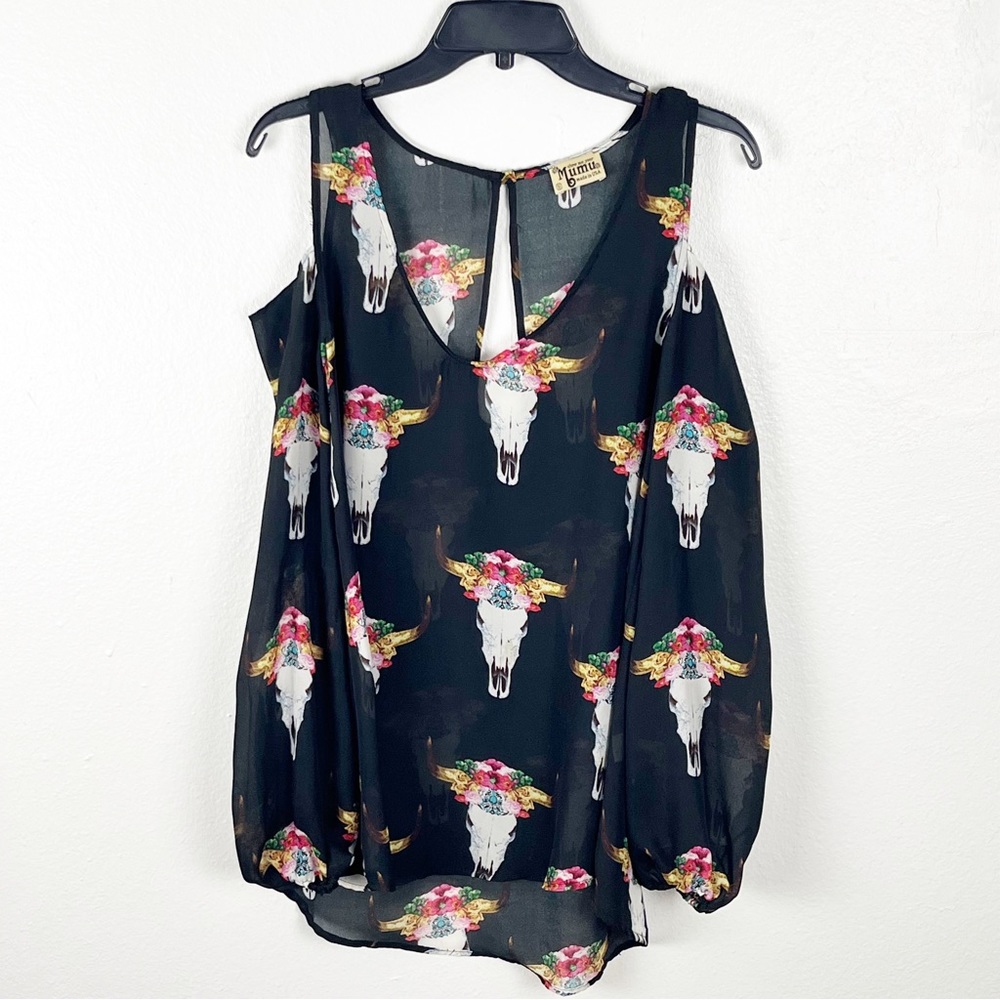 SHOW ME YOUR MUMU Black Sheer Shoulder Mummy Graphic Peek A Boo Top Small Boho